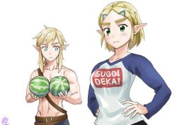 Rule 34 | 1boy, 1girl, :i, blonde hair, blue eyes, braid, breast conscious, clothes writing, collarbone, commentary request, crown braid, food, fruit, hair ornament, hairclip, holding, link, looking at breasts, looking at viewer, melon, meme attire, monbetsu kuniharu, navel, nintendo, pointy ears, princess zelda, short hair, simple background, sugoi dekai, the legend of zelda, the legend of zelda: breath of the wild, the legend of zelda: tears of the kingdom, thick eyebrows, topless male, watermelon, white background