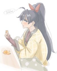 Rule 34 | 1girl, anjerain, black hair, blue eyes, blush, coat, food, from side, fruit, ganaha hibiki, hair behind ear, hair ribbon, happi, highres, holding, holding food, holding fruit, idolmaster, idolmaster (classic), japanese clothes, long hair, looking at viewer, open mouth, orange (fruit), orange slice, ponytail, red ribbon, red sweater, ribbed sweater, ribbon, sleeves past wrists, solo, speech bubble, sweater, translation request, very long hair, yellow coat
