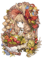 Rule 34 | 1girl, animal ears, baiguiyu, basket, bell pepper, blonde hair, bow, braid, brown eyes, carrot, carrying, closed mouth, commentary request, fish, flower, food, frilled shirt collar, frills, fruit, garlic, grapes, hair over shoulder, hairband, hat, highres, holding, holding food, holding fruit, large bow, large hat, leaf, lettuce, light smile, long hair, long sleeves, looking at viewer, mushroom, nail polish, original, pepper, puffy sleeves, quilt, rabbit ears, red bow, red hairband, shirt, simple background, solo, standing, strawberry, tan shirt, twin braids, upper body, white background
