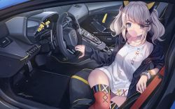 Rule 34 | 1girl, absurdres, alternate costume, blue eyes, breasts, blowing bubbles, car, car interior, chewing gum, commentary request, dress, hair ornament, hairclip, highres, holding, kaguya luna, koh (minagi kou), lamborghini, long sleeves, medium hair, motor vehicle, multicolored clothes, multicolored legwear, silver hair, sitting, sleeves past wrists, solo, steering wheel, the moon studio, thighhighs, thighs, twintails, virtual youtuber, watch, wristwatch