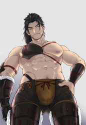 Rule 34 | 1boy, abs, bara, bare pectorals, bare shoulders, black hair, bracer, brown hair, bulge, chachi (soulga), chest guard, crotchless, crotchless pants, facial hair, from below, gluteal fold, head tilt, large pectorals, league of legends, long hair, male focus, mature male, muscular, muscular male, navel, navel hair, nipples, pants, pectorals, ponytail, smile, solo, stomach, stubble, veins, yasuo (league of legends)