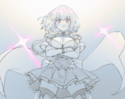 Rule 34 | 1girl, arms under breasts, boots, breasts, cleavage, cowboy shot, diffraction spikes, dot nose, epaulettes, frilled skirt, frills, gloves, gridman universe, gridman universe (film), gunbuster pose, highres, limited palette, looking at viewer, medium breasts, nosir onadat, official alternate costume, open mouth, partially colored, red eyes, shinjou akane, shinjou akane (new order), short hair, skirt, solo, ssss.gridman, straight-on, thighhighs, thighhighs under boots, v-shaped eyebrows, zettai ryouiki