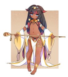 Rule 34 | 1girl, bare shoulders, barefoot, black hair, black nails, blue eyes, blush, brown background, closed mouth, commentary request, dark-skinned female, dark skin, detached sleeves, done (donezumi), eyebrows hidden by hair, facial mark, flat chest, full body, highres, holding, holding staff, long hair, long sleeves, looking at viewer, multicolored hair, nail polish, navel, original, red hair, revealing clothes, short eyebrows, sleeves past wrists, solo, staff, standing, thick eyebrows, two-tone background, two-tone hair, very long hair, white background, white sleeves, wide sleeves