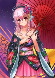 Rule 34 | 10s, 1girl, 2014, artist name, bare shoulders, blush, breasts, cleavage, cowboy shot, floral print, hair ornament, head tilt, headphones, highres, holding, holding umbrella, japanese clothes, kanzashi, kimono, large breasts, long hair, long sleeves, looking at viewer, miniskirt, nitroplus, obi, oil-paper umbrella, pink eyes, pink hair, pink skirt, pleated skirt, racoon-kun, sash, skirt, smile, solo, super sonico, tsumami kanzashi, umbrella, wide sleeves, yukata