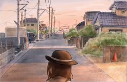 Rule 34 | 1girl, brick wall, brown hair, brown hat, commentary, cyczen, english commentary, facing away, from above, from behind, hat, highres, house, motor vehicle, outdoors, pink sky, power lines, road, shadow, short hair, sky, solo, street, tile roof, touhou, town, traffic cone, traffic mirror, truck, twilight, unfinished, upper body, usami renko, utility pole