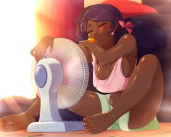 Rule 34 | 1girl, areola slip, backlighting, bad id, bad pixiv id, bandana, barefoot, big hair, breasts, cleavage, commentary, crop top, crop top overhang, dark-skinned female, dark skin, day, earrings, electric fan, english commentary, closed eyes, food, food in mouth, full body, hand fan, highres, hot, indoors, jewelry, long hair, loose clothes, medium breasts, merunyaa, nail polish, navel, no bra, original, pinup (style), popsicle, popsicle stick, purple hair, shorts, sitting, soles, solo, spread legs, stomach, sweat, toes, very dark skin, window
