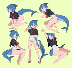 Rule 34 | azuumori, barefoot, black sailor collar, black shirt, blouse, blue hair, breasts, closed eyes, closed mouth, commentary, covered navel, english commentary, fins, fish tail, full body, hair between eyes, highres, mako (azuumori), multiple views, neckerchief, one-piece swimsuit, original, red eyes, red neckerchief, sailor collar, sandals, shark fin, shark girl, shark tail, sharp teeth, shirt, short hair, short sleeves, smile, stretching, swimsuit, tail, teeth, white one-piece swimsuit