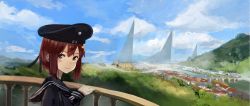 Rule 34 | 1girl, balcony, black sailor collar, black serafuku, black shirt, blue sky, bob cut, brown eyes, character name, closed mouth, cloud, day, from side, hat, kantai collection, long sleeves, looking at viewer, looking to the side, luicent, medium hair, outdoors, red hair, sailor collar, sailor hat, school uniform, serafuku, shirt, sky, smile, solo, z3 max schultz (kancolle)