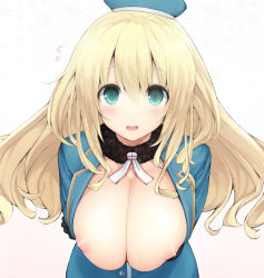 Rule 34 | 10s, 1girl, aqua eyes, atago (kancolle), blonde hair, blush, breasts, hat, huge breasts, k g, kantai collection, long hair, looking at viewer, military, military uniform, nipples, open clothes, open shirt, shirt, smile, solo, uniform