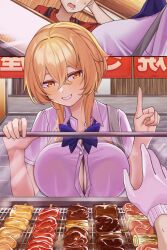 Rule 34 | 1boy, 1girl, absurdres, against glass, alternate breast size, bag, blonde hair, blue bow, blue bowtie, blush, bow, bowtie, breast press, breasts, breasts on glass, cleavage, food, genshin impact, gloves, grill, grin, hand on glass, hands up, highres, index finger raised, large breasts, looking at viewer, lumine (genshin impact), o-los, partially unbuttoned, shirt, short hair with long locks, shoulder bag, smile, solo focus, white gloves, white shirt, yellow eyes