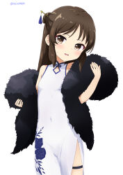 Rule 34 | 1girl, absurdres, black shawl, brown eyes, brown hair, china dress, chinese clothes, commentary request, covered navel, dress, flat chest, floral print, fur shawl, hair ornament, hair stick, head tilt, highres, idolmaster, idolmaster cinderella girls, light blush, long hair, looking at viewer, parted lips, print dress, roccamoya, rose print, shawl, side slit, sidelocks, sleeveless, sleeveless dress, solo, sweat, tachibana arisu, thigh strap, thighs, twitter username, white background, white dress