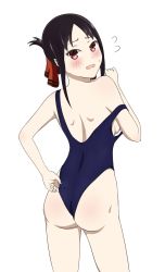 Rule 34 | 1girl, ass, bare legs, bare shoulders, black hair, blue one-piece swimsuit, blush, breasts, clothes lift, coro fae, embarrassed, folded ponytail, head tilt, highres, kaguya-sama wa kokurasetai ~tensai-tachi no renai zunousen~, looking at viewer, nipples, one-piece swimsuit, open mouth, red eyes, ribbon, shinomiya kaguya, swimsuit, swimsuit lift, white background