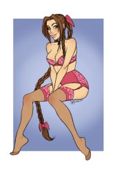 Rule 34 | 1girl, aerith gainsborough, bare shoulders, blue eyes, blush, bow, bra, braid, breasts, brown hair, choker, cleavage, final fantasy, final fantasy vii, foxxetta, garter straps, hair bow, lingerie, panties, pink bra, pink panties, ponytail, square enix, square soft, thighhighs, thighs, underwear