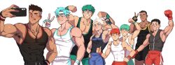 Rule 34 | 6+boys, abs, absurdres, armpit hair, armpits, bandaid, bandaid on face, bandaid on nose, black hair, blonde hair, blue eyes, blue hair, boxing gloves, dog tags, facial scar, fingerless gloves, flexible, glasses, gloves, green eyes, green hair, group picture, headband, height difference, highres, hood, hoodie, jackray85674939, male focus, multiple boys, muscular, muscular male, nipple slip, nipples, one eye closed, original, pectoral cleavage, pectorals, red eyes, scar, scar on cheek, scar on face, shiny skin, short shorts, shorts, sleeveless, sleeveless hoodie, tank top, tonge out, white background, wink, wristband