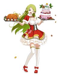 Rule 34 | 1girl, ;), ;d, ankle bow, ankle ribbon, bow, breasts, cake, capelet, cleavage, coin, dress, floating hair, food, full body, green eyes, green hair, head tilt, holding, large breasts, layered dress, leg ribbon, log horizon, long hair, marielle (log horizon), mary janes, official art, one eye closed, open mouth, pointy ears, red bow, red capelet, red footwear, ribbon, shoes, short dress, smile, solo, standing, thighhighs, transparent background, very long hair, white thighhighs, zettai ryouiki