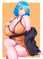 Rule 34 | 1girl, absurdres, blue hair, blunt bangs, borrowed character, breasts, cleavage, dress, feet out of frame, hairband, hand on own chest, highres, huge breasts, looking at viewer, medium hair, open mouth, orange background, orange dress, orange hairband, original, red eyes, rina atherina, simple background, sitting, smile, solo, strap gap, whitewaffle