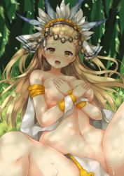 Rule 34 | 10s, 1girl, blonde hair, blush, breasts, brown eyes, covering privates, covering breasts, granblue fantasy, large breasts, long hair, open mouth, petra (granblue fantasy), solo, spread legs, suzuame yatsumi, topless