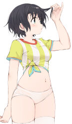 Rule 34 | 1girl, adjusting hair, black hair, blush, breasts, cowboy shot, highres, hololive, k-go, medium breasts, muffin top, navel, oozora subaru, oozora subaru (1st costume), panties, shirt, short hair, short sleeves, simple background, solo, standing, stomach, striped clothes, striped shirt, thighhighs, thighs, tied shirt, underwear, vertical-striped clothes, vertical-striped shirt, virtual youtuber, white background, white panties, white thighhighs