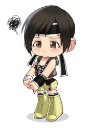 Rule 34 | 00s, 1990s (style), 1girl, :&gt;, bad id, bad pixiv id, blush, boots, brown eyes, brown hair, chibi, final fantasy, final fantasy vii, final fantasy vii advent children, full body, maou alba, shorts, solo, squiggle, standing, white background, yuffie kisaragi