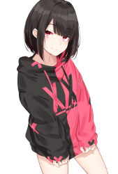 Rule 34 | 1girl, absurdres, black hair, blush, hair ornament, highres, hood, hoodie, ichiki 1, looking at viewer, no pants, original, pink eyes, shoes, short hair, shorts, simple background, smile, solo, two-tone shirt, white background