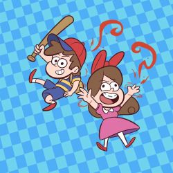 Rule 34 | 1boy, 1girl, baseball bat, bow, braces, brother and sister, brown hair, checkered background, child, cosplay, crossover, dipper pines, gravity falls, hair bow, jpeg artifacts, mabel pines, md5 mismatch, mother (game), mother 2, ness (mother 2), ness (mother 2) (cosplay), nintendo, paula (mother 2), paula (mother 2) (cosplay), siblings, twins
