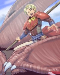 Rule 34 | 1boy, artist name, blonde hair, day, dragon, fire emblem, fire emblem: the sacred stones, fire emblem heroes, glen (fire emblem), highres, male focus, nintendo, open mouth, polearm, sky, solo, spear, sting chameleao, teeth, weapon, wings