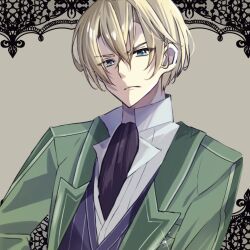 Rule 34 | 1boy, black necktie, blonde hair, blue eyes, blue vest, border, closed mouth, collared shirt, commentary, crossed bangs, double-parted bangs, dress shirt, eiyuu densetsu, formal, frown, green shirt, grey background, hair between eyes, jacket, jusis albarea, lapels, looking at viewer, male focus, natsusechoco, necktie, open clothes, open jacket, ornate border, outside border, popped collar, sen no kiseki, shirt, short hair, solo, suit, undershirt, upper body, vest, white shirt