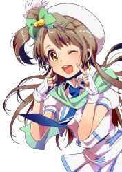 Rule 34 | 10s, 1girl, brown hair, hat, long hair, looking at viewer, love live!, love live! school idol project, masaki (celesta), masaki (clesta), minami kotori, open mouth, smile, solo, white background, wink, yellow eyes