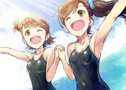 Rule 34 | 2girls, ;d, brown eyes, brown hair, competition school swimsuit, ek masato, futami ami, futami mami, hair bobbles, hair ornament, holding hands, idolmaster, idolmaster (classic), long hair, multiple girls, one-piece swimsuit, one eye closed, open mouth, school swimsuit, short hair, siblings, side ponytail, sisters, smile, swimsuit, twins