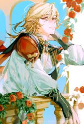 Rule 34 | 1boy, absurdres, arabian clothes, blonde hair, commentary, earrings, english commentary, flower, genshin impact, highres, jewelry, kaveh (genshin impact), long hair, long sleeves, looking at viewer, male focus, oretsuu, parted lips, red eyes, red flower, red rose, rose, solo, upper body, white sleeves
