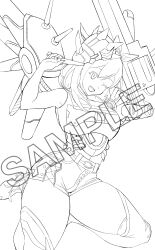 Rule 34 | 1girl, absurdres, armor, belt, digimon, female focus, highres, monochrome, one eye closed, personification, rizegreymon, shorts, solo, wink