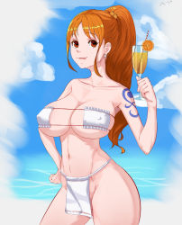 Rule 34 | 1girl, 47 hard, breasts, cloud, highres, huge breasts, looking at viewer, nami (one piece), one piece, orange eyes, orange hair, sky, tagme, tongue, tongue out