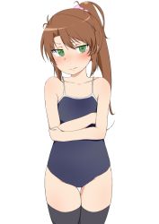 Rule 34 | 1girl, ahoge, antenna hair, artist request, bare shoulders, black thighhighs, blush, brown hair, closed mouth, collarbone, crossed arms, dot nose, feet out of frame, female focus, flat chest, green eyes, groin, hair ornament, koshigaya komari, legs together, long hair, looking at viewer, non non biyori, one-piece swimsuit, ponytail, simple background, solo, standing, swimsuit, thigh gap, thighhighs, white background