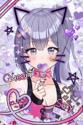 Rule 34 | 1girl, bandaid, bare shoulders, black nails, black tank top, blush, breasts, candy, cleavage, closed mouth, collarbone, commission, dated, drawn ears, drawn whiskers, face filter, facial mark, food, grey background, grey eyes, grey hair, hair between eyes, hand up, heart, heart-shaped lollipop, highres, holding, holding candy, holding food, holding lollipop, kubong, lollipop, long hair, long sleeves, looking at viewer, nail polish, original, pixelated, puffy long sleeves, puffy sleeves, shaped lollipop, side ponytail, sleeves past wrists, small breasts, solo, tank top, upper body