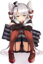 Rule 34 | 10s, 1girl, amatsukaze (kancolle), black panties, blush, breasts, brown dress, dress, garter straps, gloves, hair tubes, hat, kantai collection, knees together feet apart, knees up, long hair, looking at viewer, machinery, open mouth, panties, pantyshot, red thighhighs, sailor dress, short dress, silver hair, simple background, single glove, sitting, solo, striped clothes, striped thighhighs, sukebewe, teeth, thighhighs, tongue, torpedo, twintails, two side up, underwear, white background, white gloves, yellow eyes