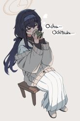 Rule 34 | 1girl, absurdres, black hair, blue archive, blue hairband, cardigan, closed eyes, cup, drinking, full body, grey background, gungye, hair ribbon, hairband, halo, highres, holding, holding cup, jewelry, long hair, long skirt, long sleeves, low twintails, neckerchief, necklace, off shoulder, ribbon, romaji text, sailor collar, simple background, sitting, skirt, solo, stool, turtleneck, twintails, ui (blue archive), white sailor collar, white skirt, yunomi