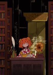 Rule 34 | 1girl, absurdres, apron, bell, book, bookshelf, character name, checkered clothes, checkered kimono, closed eyes, clothes writing, commentary request, frilled apron, frills, hair bell, hair ornament, highres, indoors, japanese clothes, jingle bell, kimono, library, long sleeves, motoori kosuzu, multicolored clothes, multicolored kimono, neruzou, off shoulder, open book, orange hair, pages, phonograph, quill, red kimono, short hair, sidelocks, sitting, smoke, solo, table, touhou, translation request, twintails, two side up, vase, white kimono, yellow apron