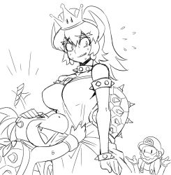 Rule 34 | 1girl, bare shoulders, blush, borrowed character, bowser jr., bowsette, crown, dress, facial hair, forked eyebrows, greyscale, hat, hug, long hair, mario, mario (series), matsu-sensei, monochrome, mother and son, mustache, new super mario bros. u deluxe, nintendo, open mouth, ponytail, short hair, simple background, smile, super crown