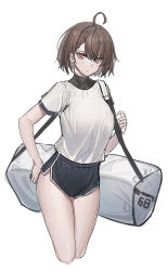Rule 34 | 1girl, ahoge, alternate costume, azur lane, bag, baltimore (azur lane), black shorts, braid, breasts, brown eyes, brown hair, closed mouth, commentary request, dolphin shorts, duffel bag, echj, highres, large breasts, shirt, short hair, short shorts, shorts, side braid, simple background, standing, thighs, white background, white shirt