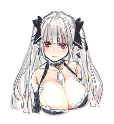 Rule 34 | 1girl, azur lane, bare shoulders, between breasts, black bow, black dress, black ribbon, blunt bangs, bow, breasts, cleavage, collarbone, detached collar, dress, formidable (azur lane), frilled dress, frills, grey hair, hair bow, hair ornament, hair ribbon, large breasts, long hair, looking at viewer, ooshio7734, parted lips, red eyes, ribbon, simple background, sketch, solo, twintails, two-tone ribbon, upper body, white background, white ribbon