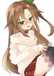 Rule 34 | 1girl, absurdres, artist request, bare shoulders, black thighhighs, blush, brown hair, check artist, choker, collarbone, commentary request, commission, compa, compa (cosplay), cosplay, detached sleeves, green eyes, hair between eyes, hair ornament, heart, heart choker, highres, if (neptunia), leaf hair ornament, neptune (series), open mouth, plaid, plaid skirt, pom pom (clothes), red skirt, shibuminigai, sitting, skeb commission, skirt, sweater, thighhighs