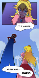 Rule 34 | 1boy, 1girl, blonde hair, blue eyes, blush, character name, crown, dress, earrings, facial hair, gloves, hand on own hip, hat, highres, jewelry, keyliom, long hair, looking at another, looking down, looking up, mario, mario (series), mustache, nintendo, open mouth, overalls, pink dress, princess peach, speech bubble, super mario bros. wonder, surprised, talking, tall, transformation, tree