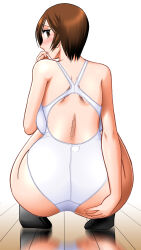 Rule 34 | 1girl, ass, back, bikini, black footwear, blush, breasts, brown eyes, brown hair, cleavage, competition swimsuit, hand on own face, hand on own hip, highres, indoors, large breasts, looking at viewer, looking back, mokkouyou bond, one-piece swimsuit, open mouth, shiny skin, short hair, simple background, solo, squatting, super real mahjong, sweat, swimsuit, toyohara etsuko, underwear, white one-piece swimsuit