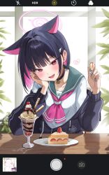 Rule 34 | 1boy, 1girl, 2k (tldntkfkdro), :d, absurdres, animal ears, arm support, black choker, black hair, black jacket, blue archive, blunt bangs, blurry, bob cut, cake, camera, cat ears, cat girl, choker, collarbone, colored inner hair, commentary request, cup, depth of field, doodle sensei (blue archive), drinking glass, fang, food, food on face, fork, hair ornament, hairclip, halo, head rest, head tilt, highres, holding, holding fork, hood, hooded jacket, incoming food, indoors, jacket, kazusa (blue archive), long sleeves, looking at another, looking at viewer, multicolored hair, open clothes, open jacket, open mouth, parfait, pendant choker, plant, plate, red eyes, school uniform, sensei (blue archive), serafuku, short hair, sidelocks, smile, strawberry shortcake, surprised, table, two-tone hair, viewfinder, white serafuku, window