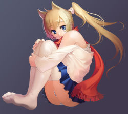 Rule 34 | 1girl, animal ears, blonde hair, blue background, blue eyes, cat ears, hugging own legs, long hair, lono (parkarar), looking at viewer, no shoes, off shoulder, original, panties, pantyshot, pleated skirt, ponytail, red scarf, scarf, simple background, sitting, skirt, smile, solo, striped clothes, striped panties, thighhighs, underwear, upskirt, white thighhighs