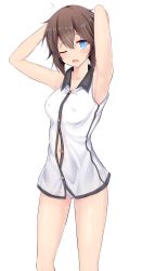 Rule 34 | 10s, 1girl, ;o, armpits, arms behind back, arms up, bare legs, bare shoulders, blue eyes, breasts, brown hair, collarbone, collared vest, covered erect nipples, hayasui (kancolle), kantai collection, large breasts, looking at viewer, no pants, one eye closed, open mouth, panties, short hair, simple background, solo, standing, takeyuu, underwear, vest, white background, white panties, white vest, wing collar