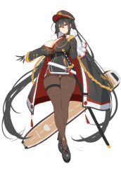 Rule 34 | 1girl, absurdly long hair, absurdres, alternate costume, azur lane, black footwear, black gloves, black hair, black hat, breasts, brown pantyhose, cape, chixiao, cleavage, commentary, covered navel, cross, full body, fur-trimmed cape, fur trim, gloves, gluteal fold, hair between eyes, hair ribbon, half gloves, hand on own chest, hat, highres, huge breasts, iron cross, katana, long hair, long sleeves, looking at viewer, pantyhose, parted lips, peaked cap, red eyes, red ribbon, ribbon, simple background, single glove, sketch, skindentation, smile, solo, sword, taihou (azur lane), thigh gap, thigh strap, twintails, very long hair, weapon, white background