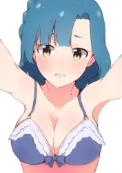 Rule 34 | 1girl, bare shoulders, blue bra, blue hair, blush, bow, bow bra, bra, braid, breasts, cleavage, collarbone, enelis, green eyes, idolmaster, idolmaster million live!, idolmaster million live! theater days, long hair, looking at viewer, medium breasts, nanao yuriko, outstretched arms, parted lips, simple background, solo, underwear, underwear only, white background