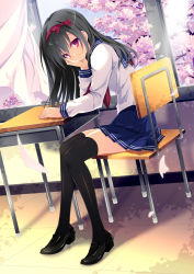 Rule 34 | 1girl, bad id, bad pixiv id, black hair, black thighhighs, bow, cherry blossoms, curtains, desk, hair bow, hair ribbon, hairband, hand on own face, kobayashi chisato, loafers, long hair, looking at viewer, original, petals, pink eyes, pleated skirt, ribbon, school desk, school uniform, serafuku, shoes, sitting, skirt, smile, solo, thighhighs, top of moe 2013, window, zettai ryouiki