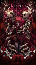 Rule 34 | 1girl, bare shoulders, black dress, black sleeves, dress, english text, flower, full body, grey pantyhose, hand up, highres, holding, long hair, long sleeves, looking at viewer, original, pantyhose, red eyes, red flower, red hair, red rose, romaji text, rose, skeleton, skull, sleeveless, sleeveless dress, solo, touzai (poppin phl95), translation request, very long hair, white flower, white rose